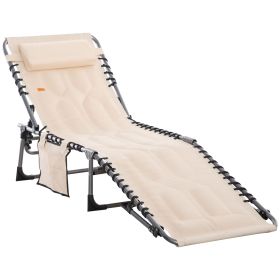 Outsunny Folding Chaise Lounge Chair, Outdoor Padded Reclining Chair with 5-position Adjustable Backrest, Pillow and Pocket for Patio, Beach, Bei