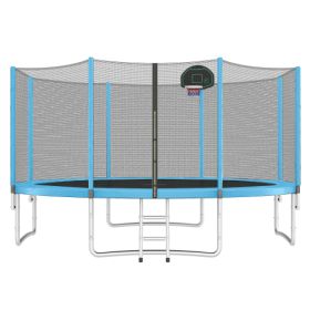 14FT Trampoline For Kids With Safety Enclosure Net, Basketball Hoop And Ladder, Easy Assembly Round Outdoor Recreational Trampoline (Color: Blue)
