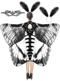 3 Pcs Moth Butterfly Wings Cape Set   Costume Moth Wings Moth Cape With Headband Lace Mask For Halloween-Ban On Selling On Amazon (Color: Black)