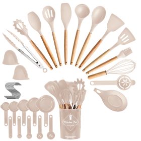 4 Colors Options -- Set Of 35Pcs Kitchen Cooking Utensils Set Spatula Set Baking Utensil Set Kitchen Accessories Necessities With Holder Egg Whis (Color: Khaki)