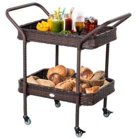Rattan Wicker Outdoor Kitchen Trolley, Rolling Serving Cart With 2 Tray Shelves, Brown (Color: Brown)