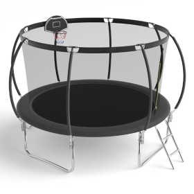 12 FT TRAMPOLINE BLACK PUMPKIN-STYLE SAFETY NET WITH BASKETBALL HOOP (Color: Black)